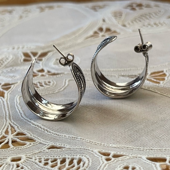 925 Silver wide hoop earrings tapered hoop, vintage - Picture 2 of 6